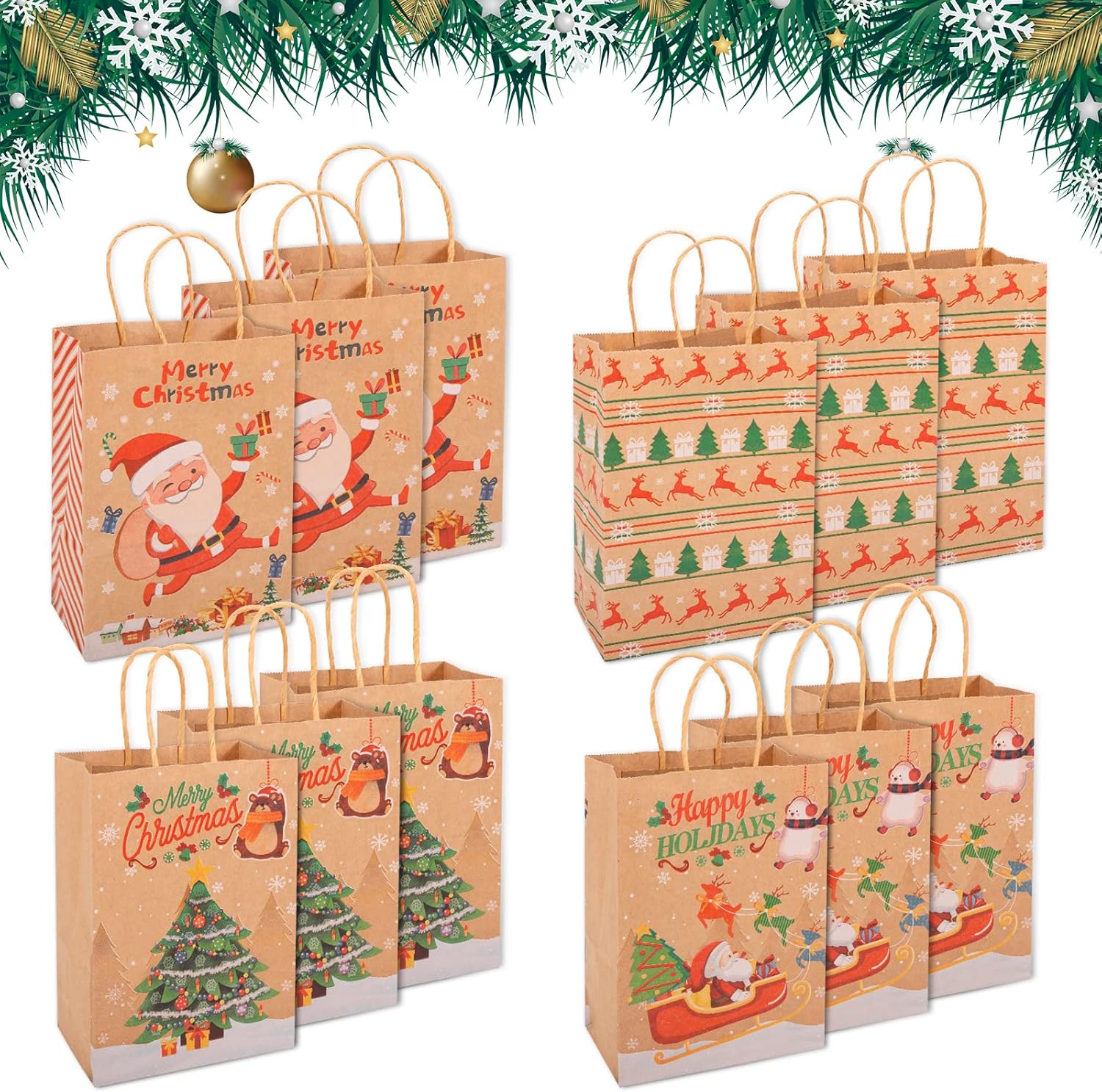 SMALUCK Christmas Kraft Paper Bags, Special Assorted Paper Goodie Bags, High-Qua...