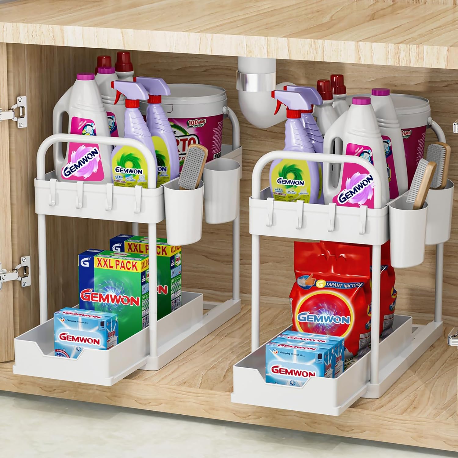 GEMWON Under Sink Storage Kitchen Organiser, 2 Tier Sliding Kitchen Storage Unde...