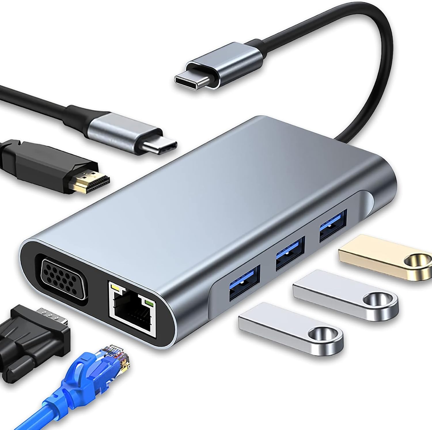 USB C Hub, Multiport USB C Adapter 7 in 1 with 4K HDMI VGA USB 3.0 100W PD and R...