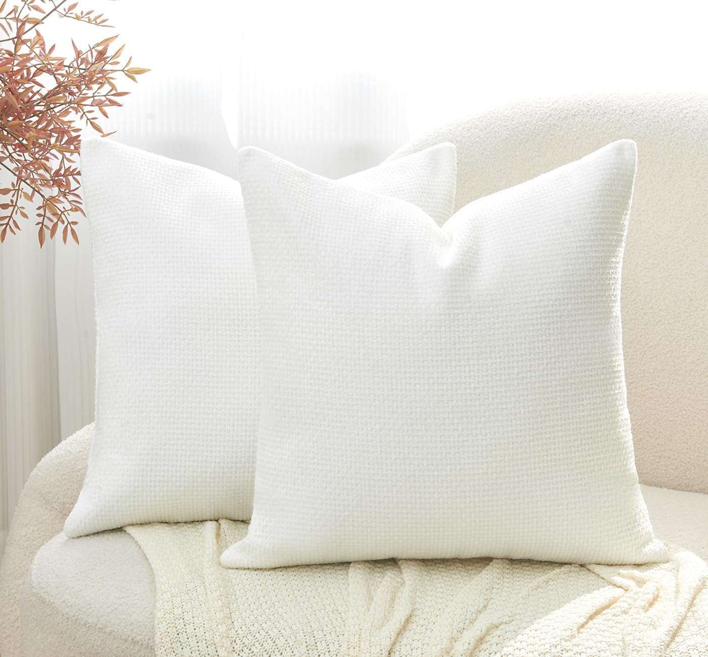 Throw Pillow Covers Neutral White Set of 2 18x18 Inch Pillow Covers, Soft Farmho...