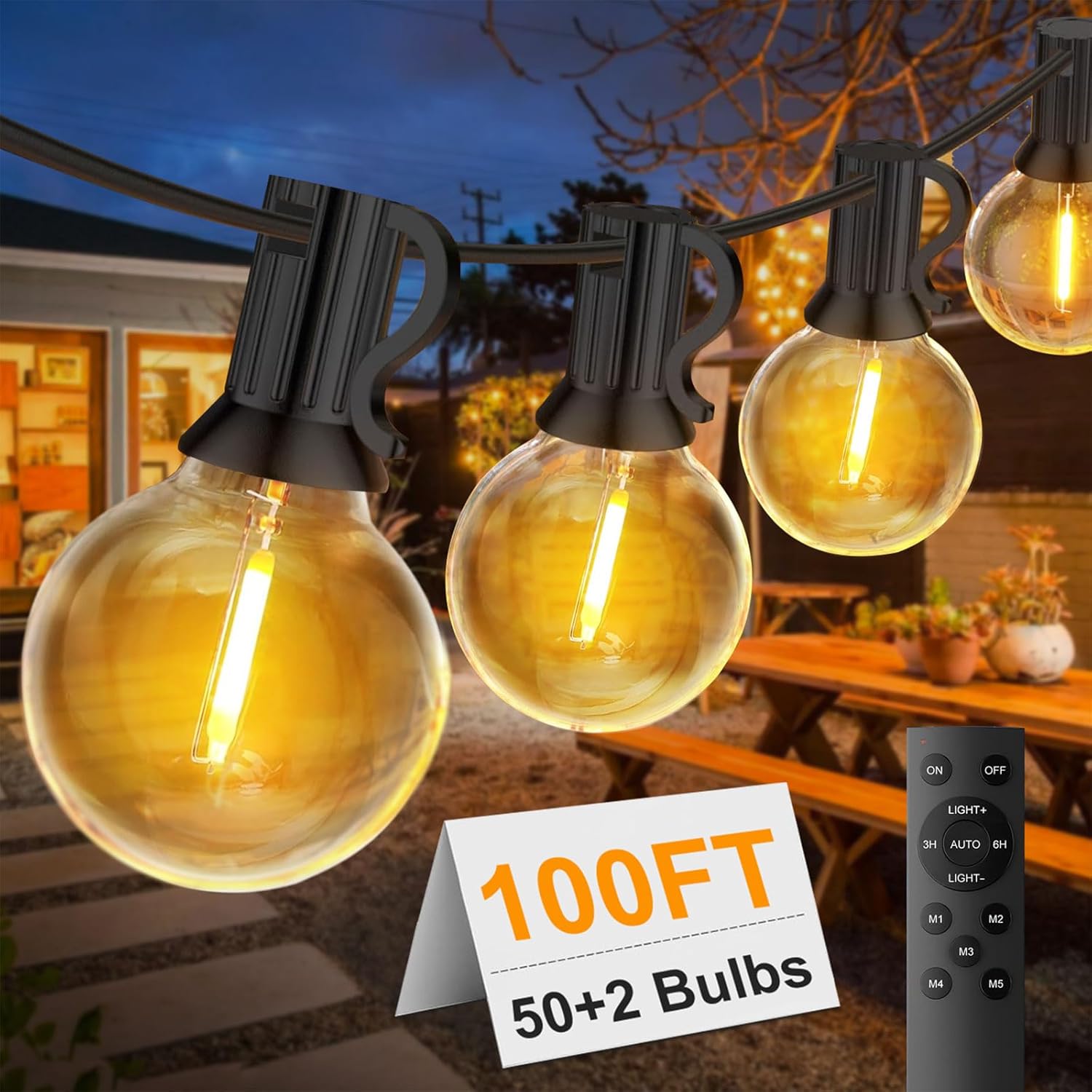 FUKOOLE 30M/100Ft Outdoor String Lights Mains Powered, 50+2 LED Garden Lights, W...