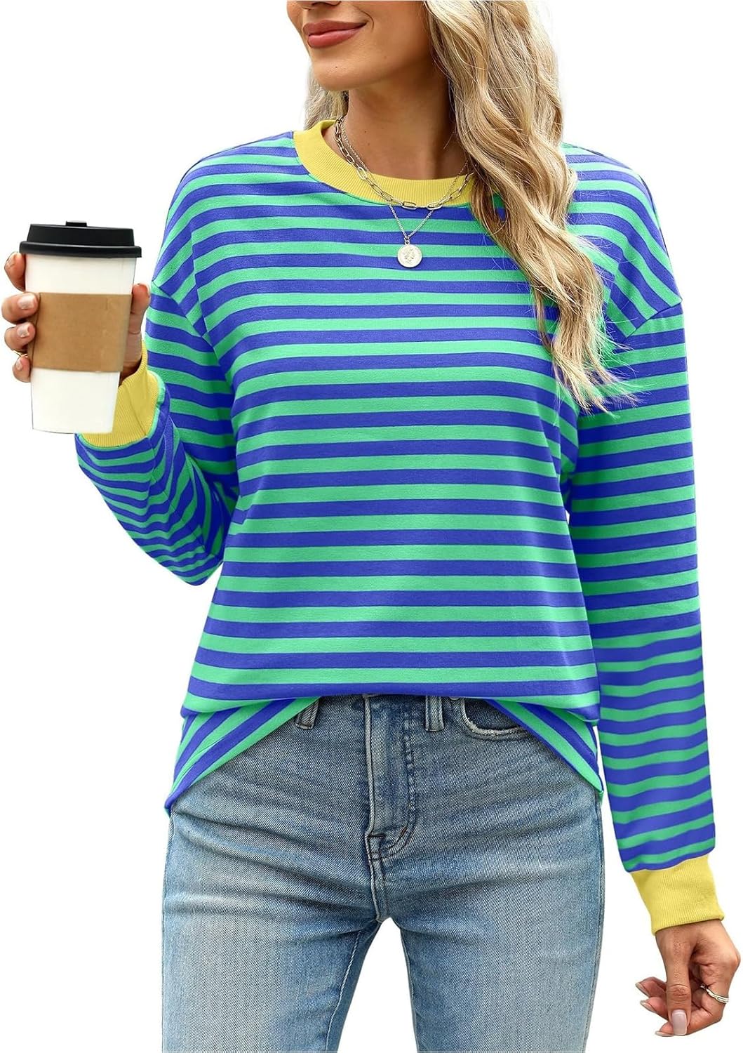 Gemulate Womens T-Shirts Long Sleeve Tops Ladies Round Neck Shirts Tees Striped...