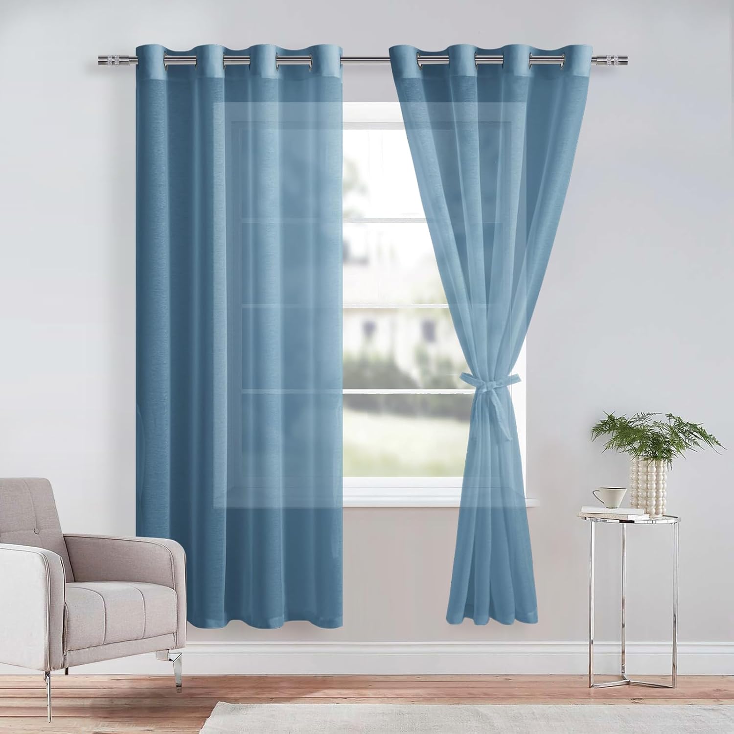 DWCN Blue Sheer Curtains, Special Semi Transparent Voile Grommet Curtains with T...