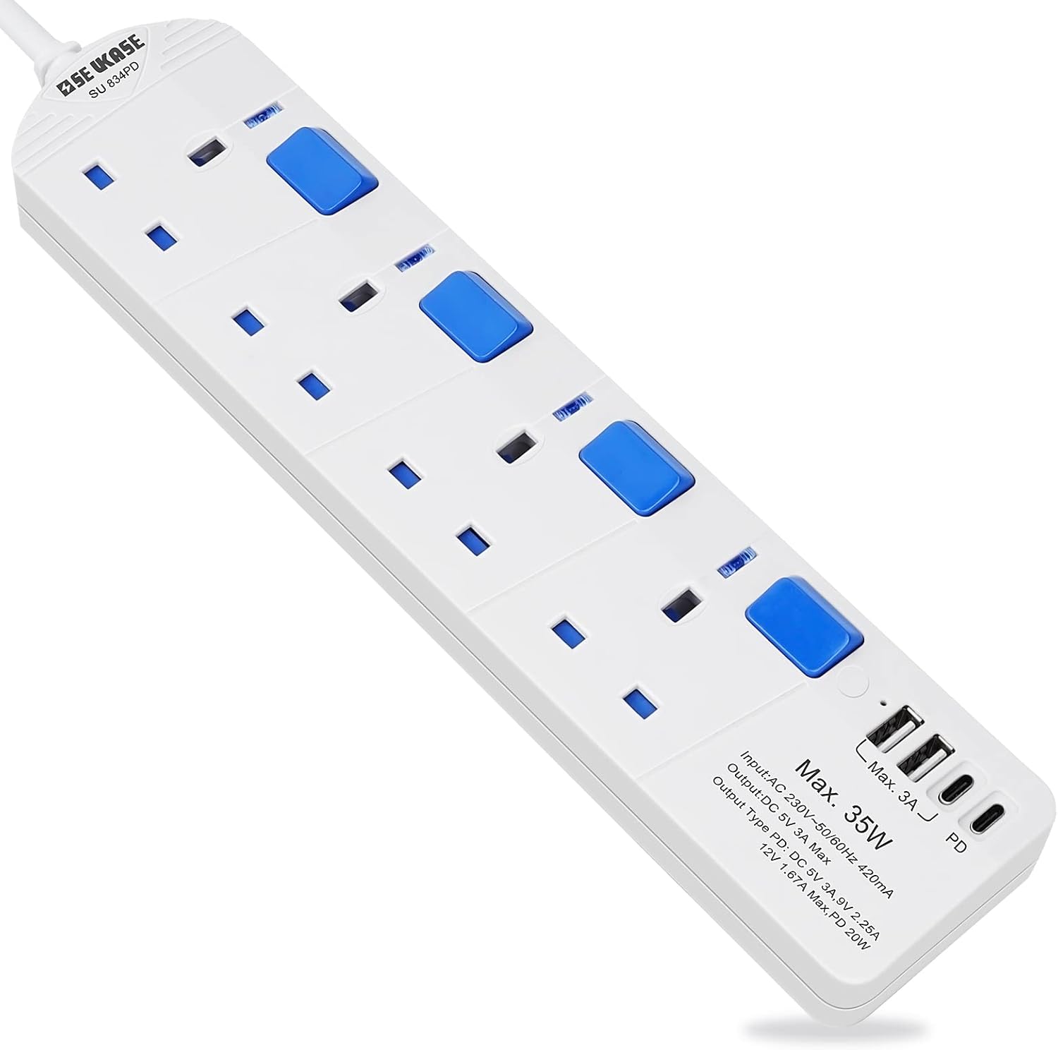 SE UKASE Extension Lead withUSB-C PD port,Fast Charging, 4 Way Plug Sockets with...