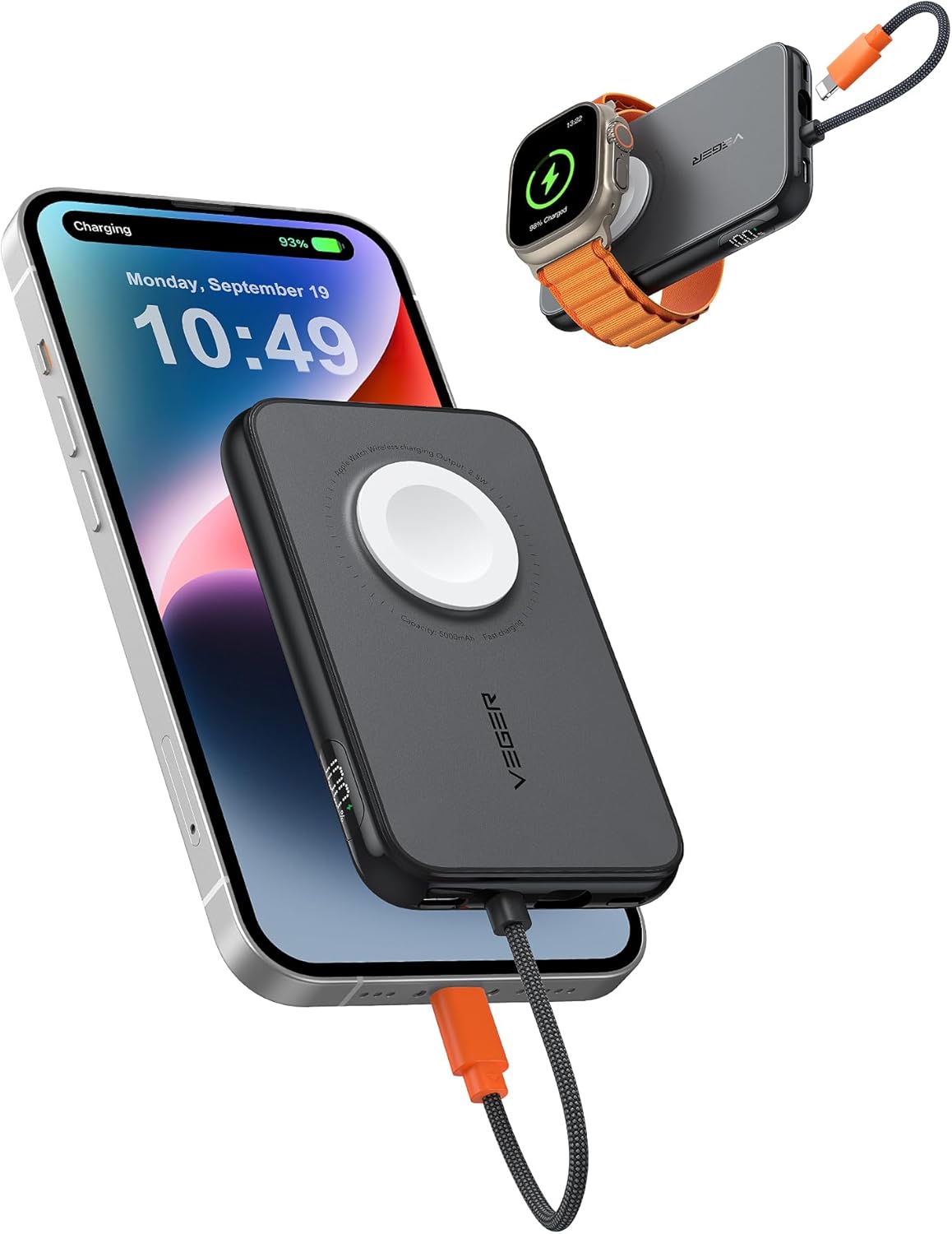 VEGER Power Bank Fast Charger 20W,Built-in iPhone Cable Powerbank,5000mAh Portab...