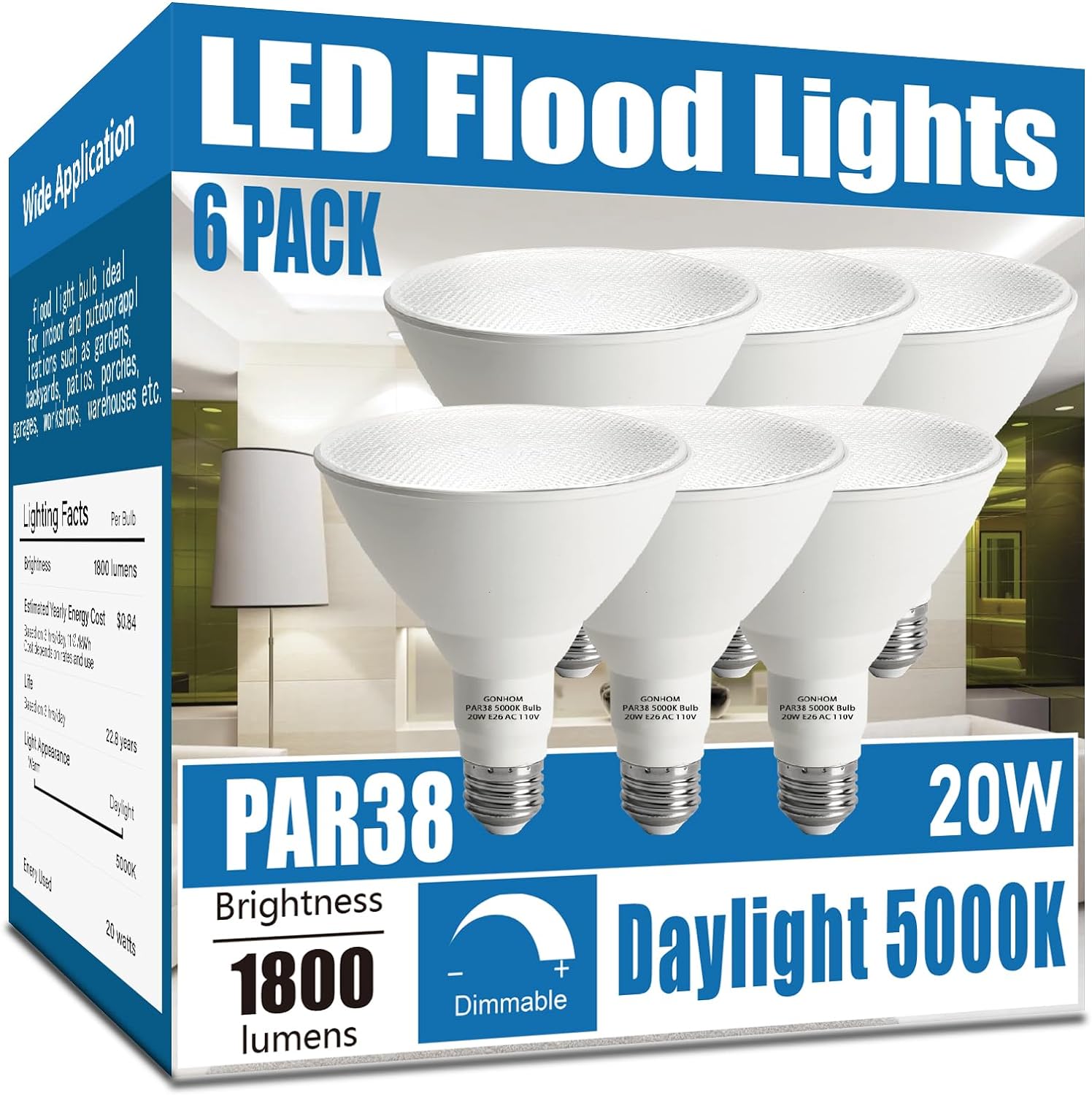 Par38 LED Flood Light Bulbs Outdoor 6 Pack, Dimmable 5000K Daylight, 20W Replace...