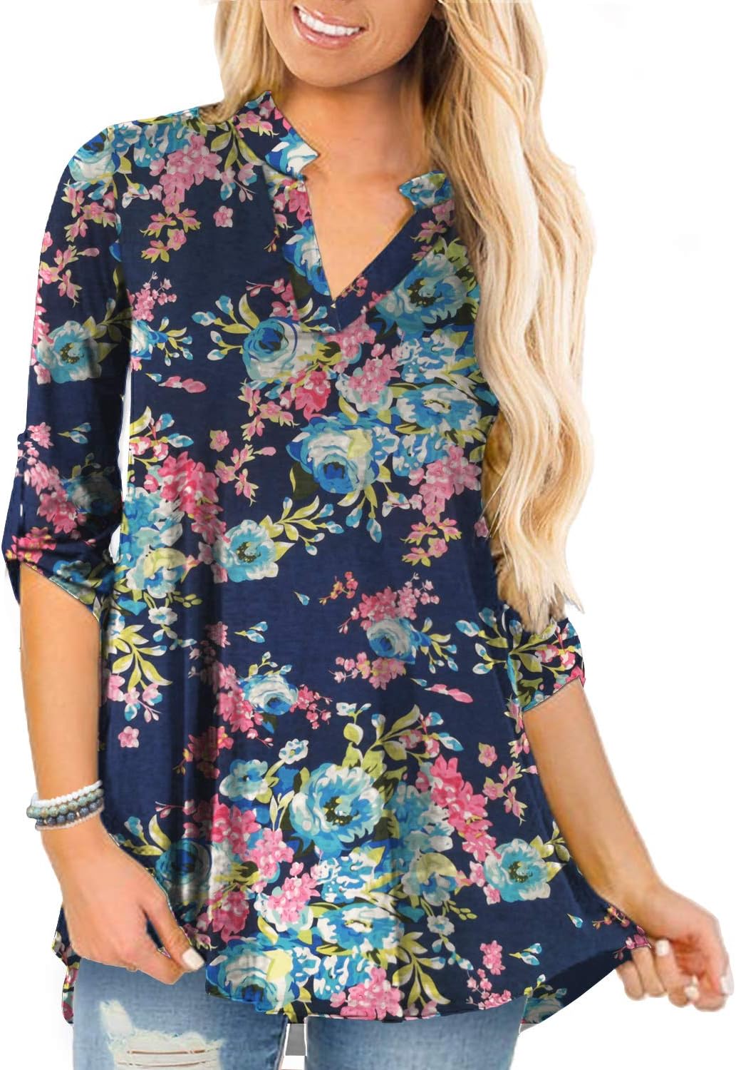 a.Jesdani Women's Plus Size Tops 3/4 Roll Sleeve Shirts V Neck Blouses Tunic Top...