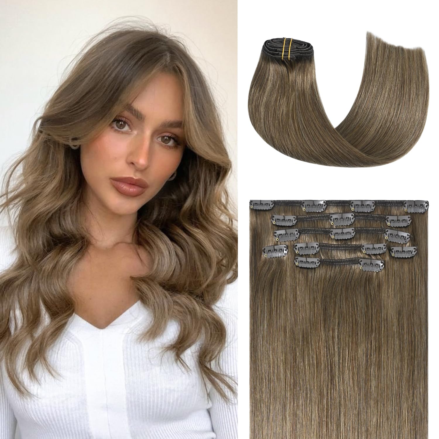 Honsoo Clip in Human Hair Extensions 9A Hair Ash Brown Hair Extensions Clip In R...