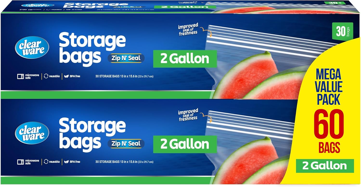 2 Gallon Storage Bags, Double Zipper Seal - 60 Count, Resealable Thick Plastic F...