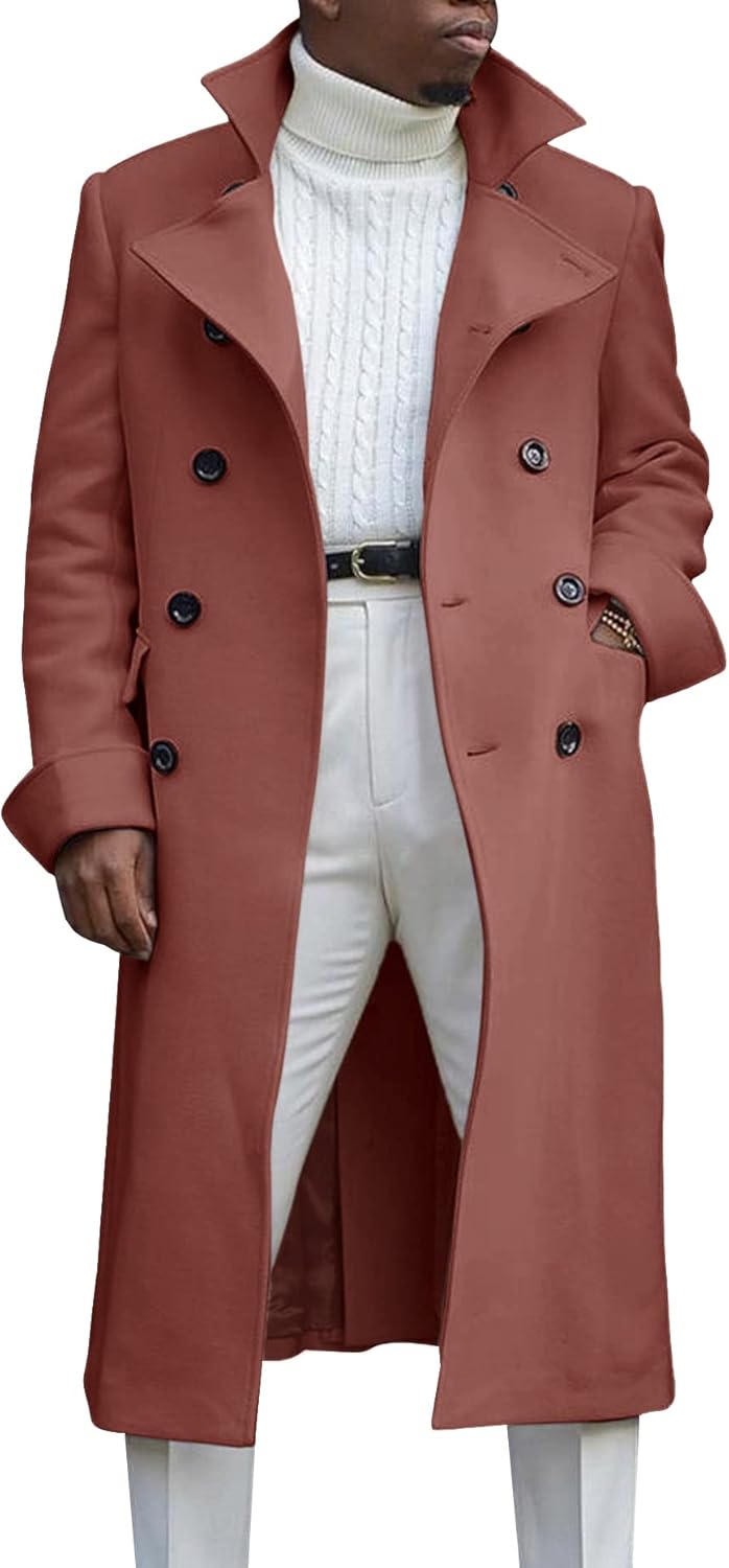 Ebifin Men's Notch Lapel Double Breasted Long Trench Coat Casual Cotton Blend Pe...