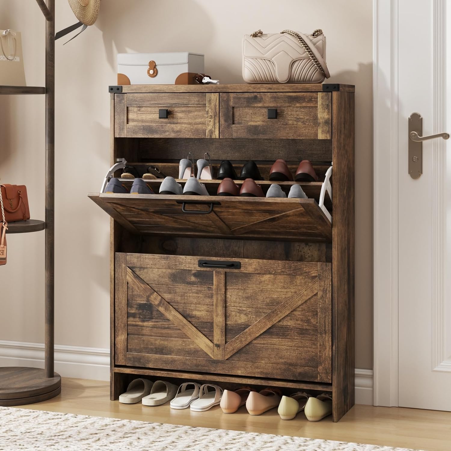 Shoe Storage Cabinet with 2 Flip Drawers & 2 Drawers,Shoe Cabinet Storage with L...