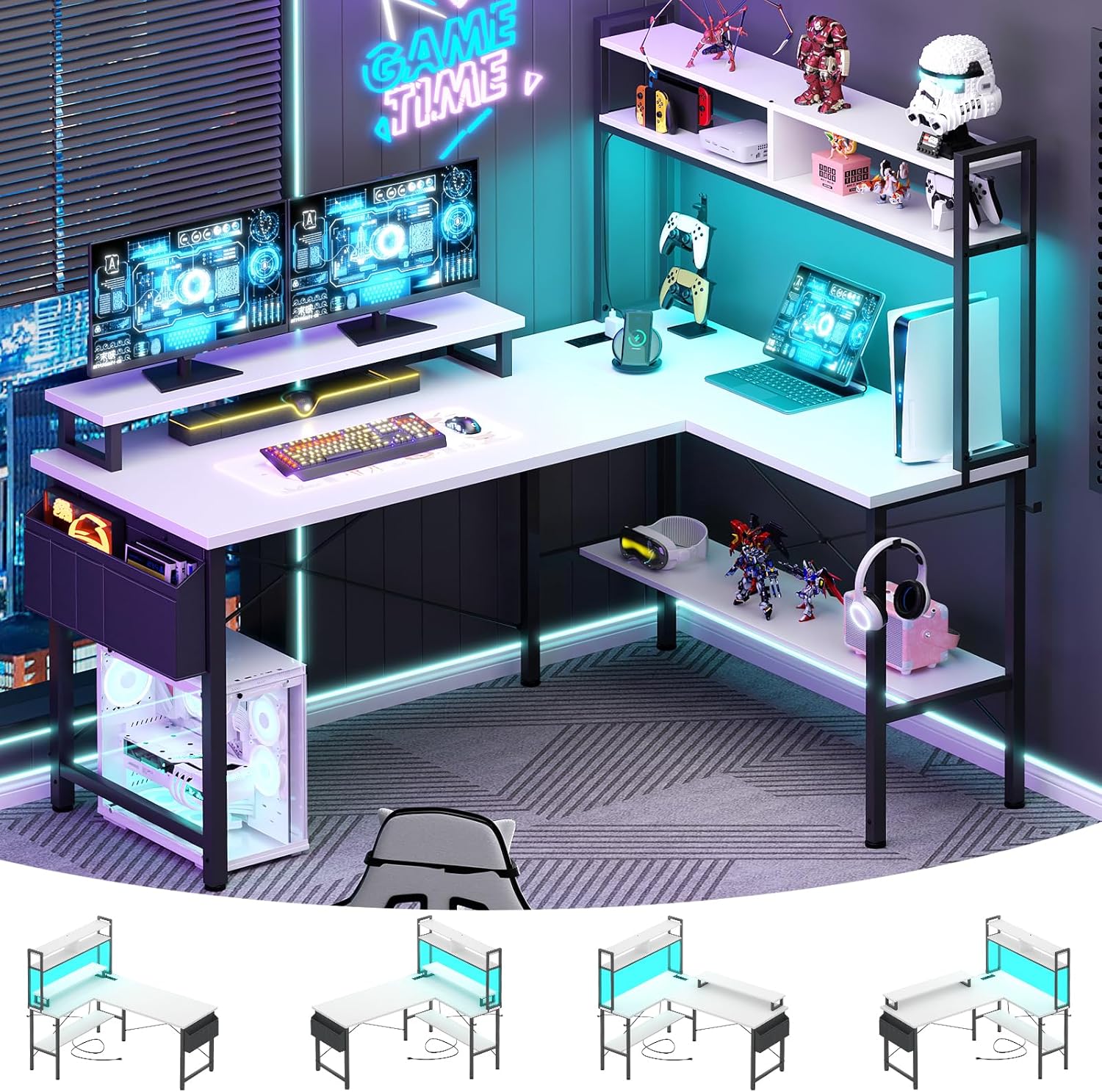 Aheaplus L Shaped Gaming Desk with Power Outlets & LED Lights, Small L- Shaped D...