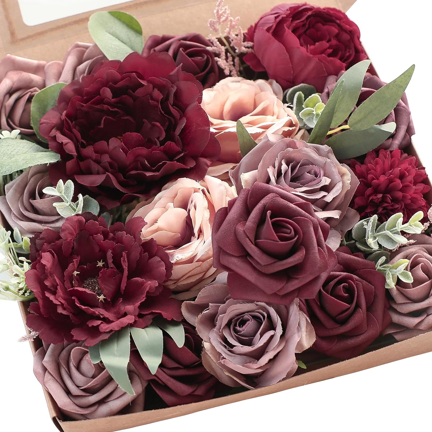 Floroom Burgundy Mauve Artificial Flowers Marsala Fake Roses Peonies and Greener...