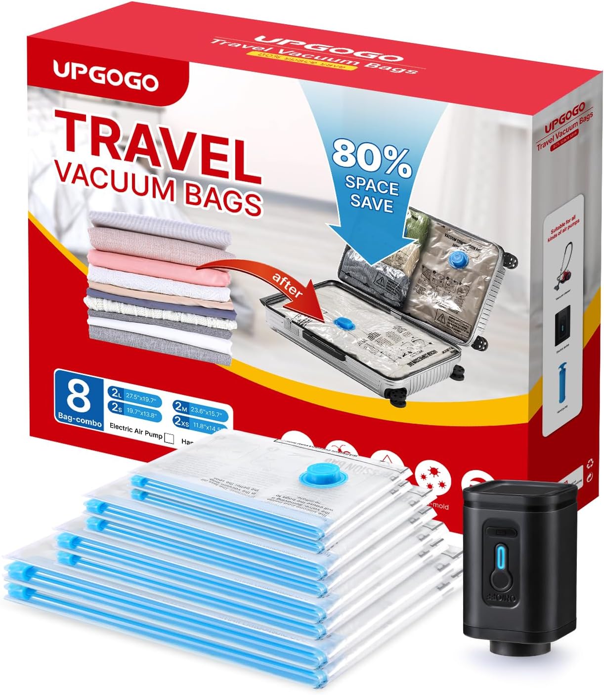 Travel Vacuum Bags with Prtable Electric Pump (Combo 8 Pack),Vacuum Seal Bags fo...