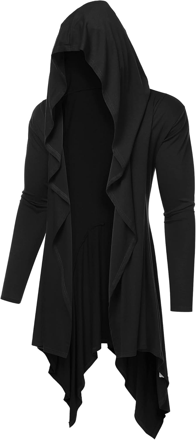 COOFANDY Long Hooded Cardigan Ruffle Shawl Collar Open Front Lightweight Drape C...