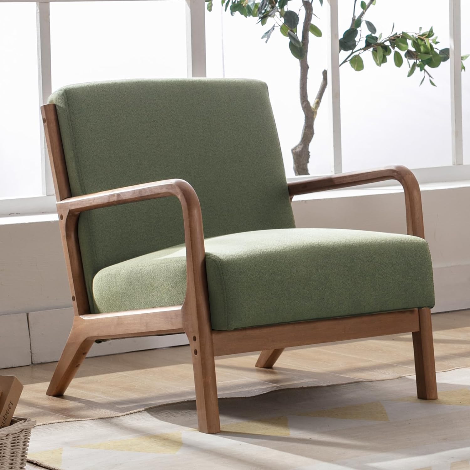 ANJHOME Mid Century Modern Accent Chair, Comfy Fabric Reading Chair with Solid W...