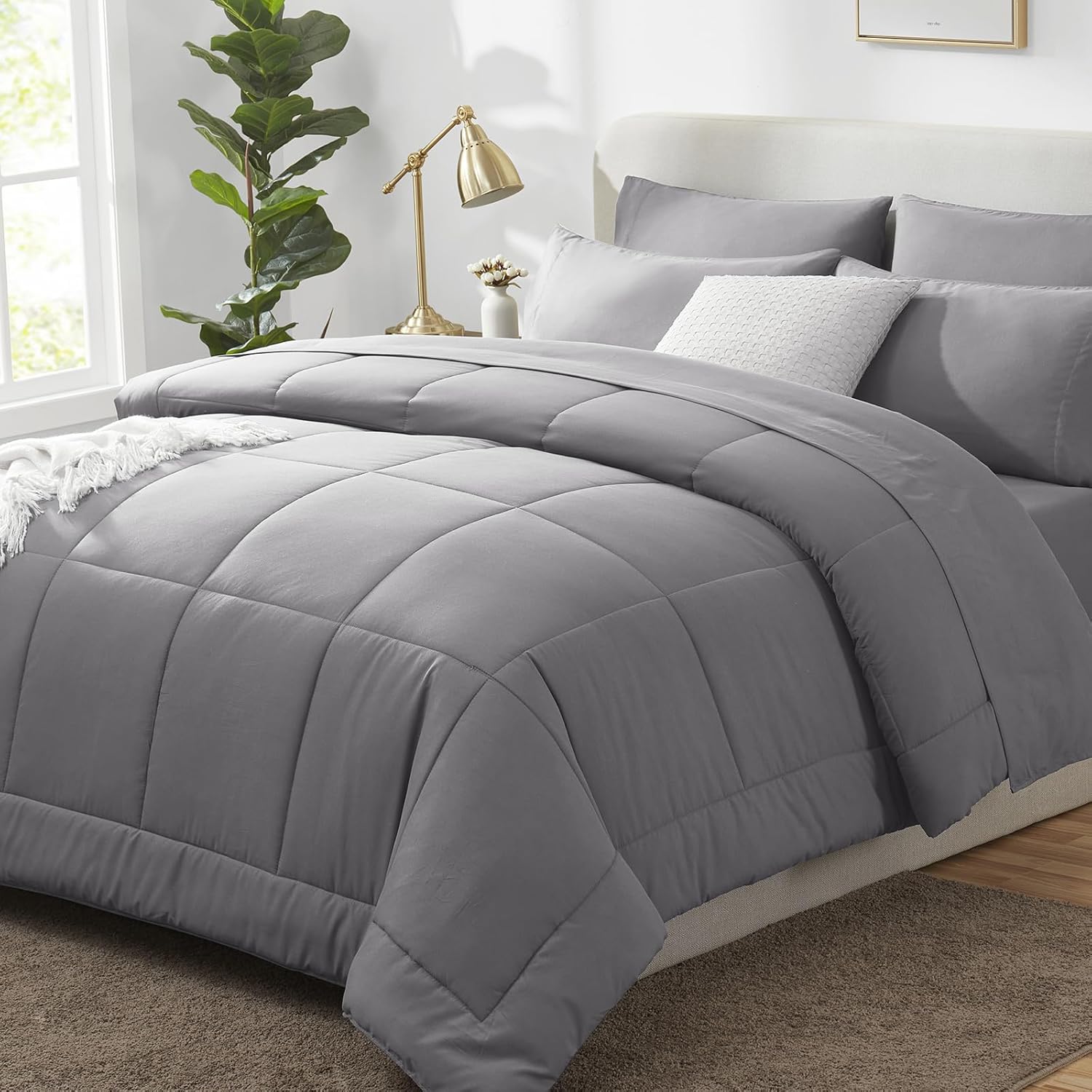 CozyLux Gray King Comforter Sets, Special Bedding Set with 7 Pieces Bed in a Bag...