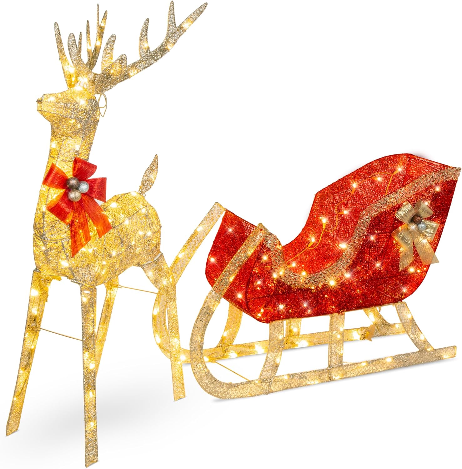 Best Choice Products Lighted Christmas 4ft Reindeer & Sleigh Outdoor Yard Decora...