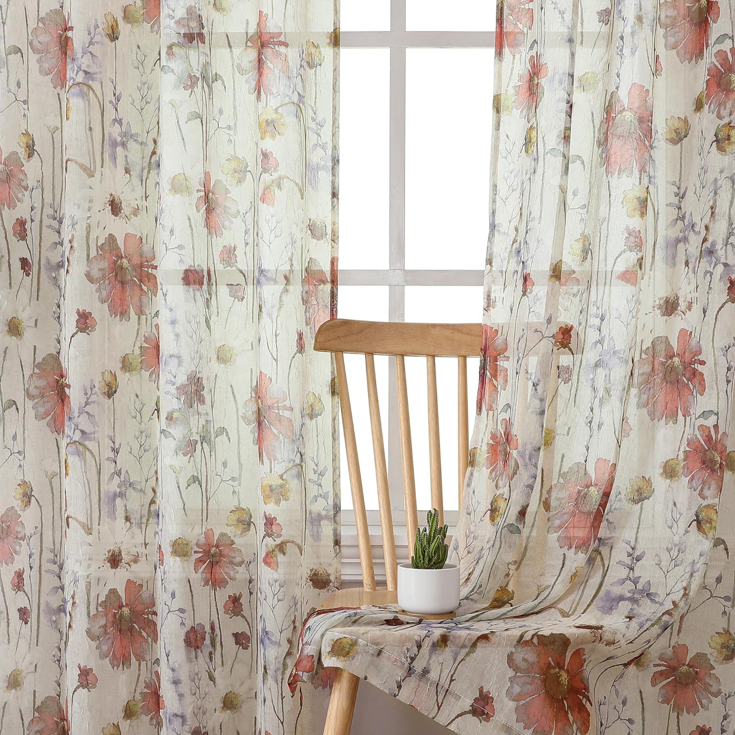 OWENIE Crushed Sheer Curtains, Special Sheer Floral Curtains Printed Drapes for...