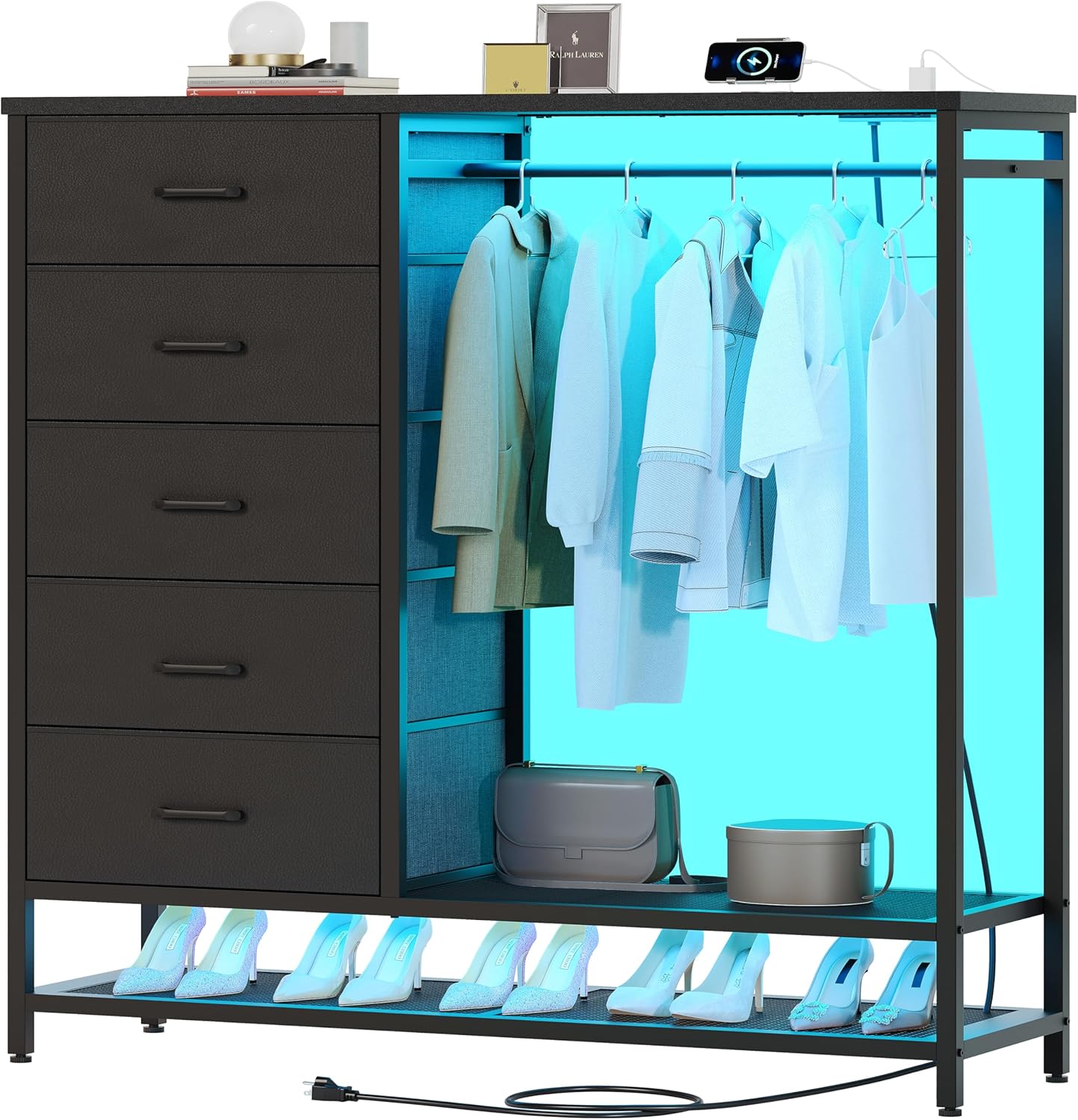 Dresser for Bedroom, Dresser with Hanging Rack Led Lights and Charging Station,...