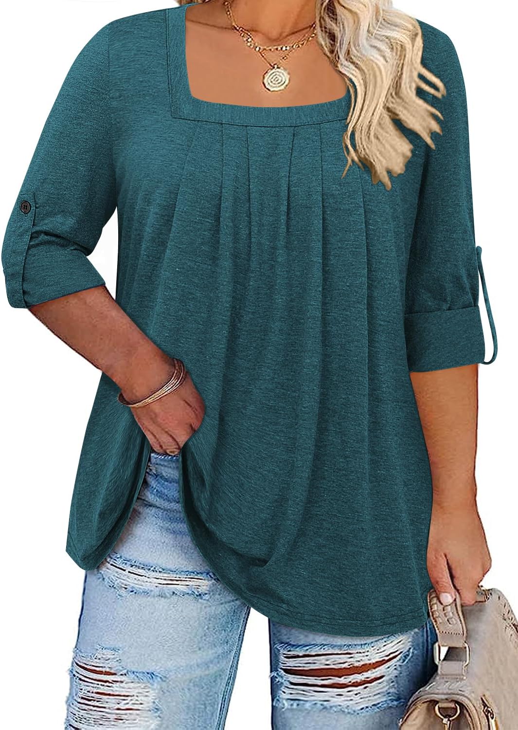 Kancystore Women's Plus Size Tops Square Neck Roll Up Long Sleeve Fall Shirts Pl...