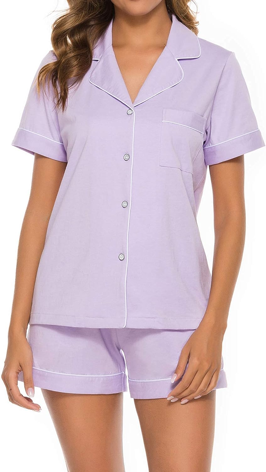 COLORFULLEAF Womens 100% Cotton Pajamas Short Set Soft Short Sleeve Sleepwear Bu...