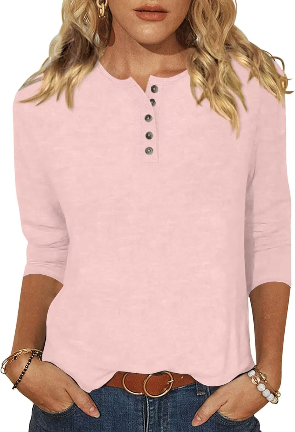 EADINVE Womens Crew Neck 3/4 Sleeve Tops Basic Button T-Shirts Solid Loose Cute...