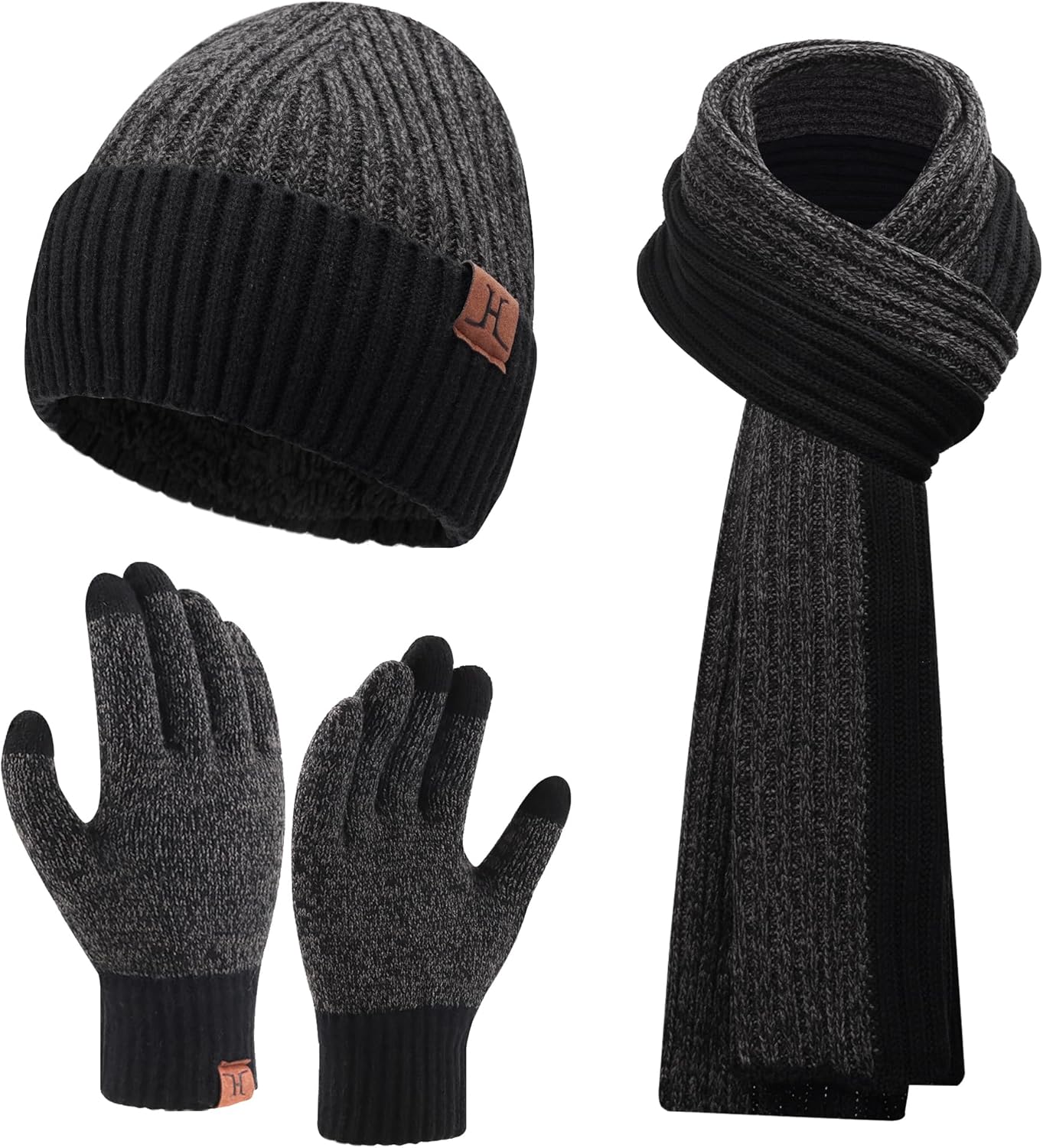 Mens Winter Knit Hat Beanie, Special Long Neck Scarf, Innovative Touchscreen Glo...