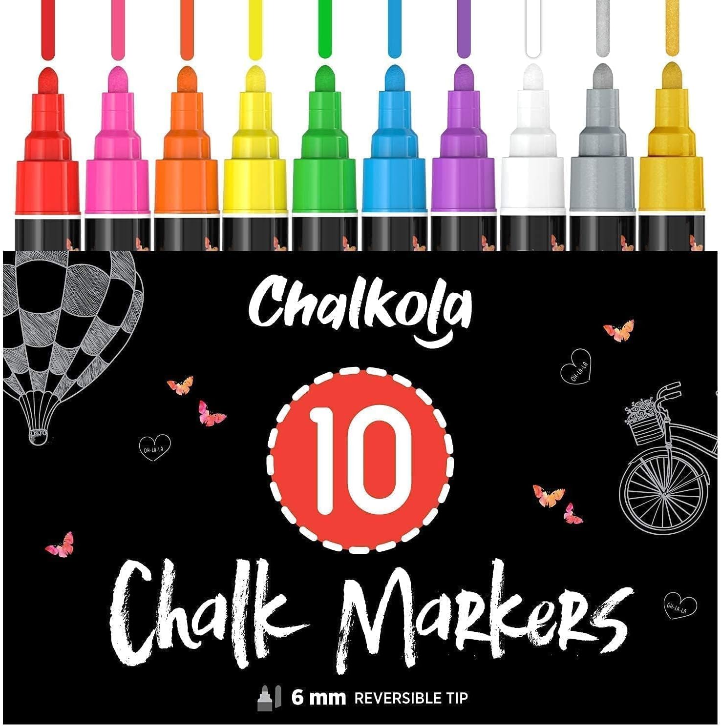 Chalkola Liquid Chalk Markers Erasable (10 Pack) w/Gold & Silver - Washable Pain...
