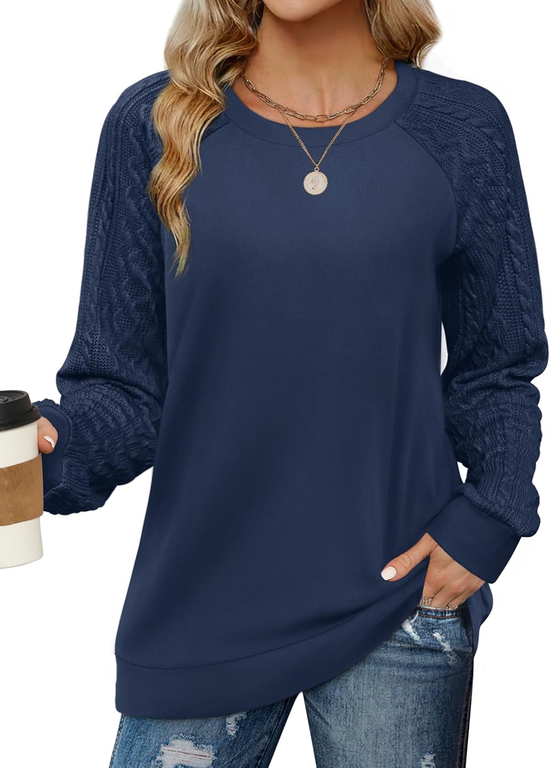 Saloogoe Sweatshirt, Special Crewneck for Women, Innovative Cable Knit Sleeve Sw...