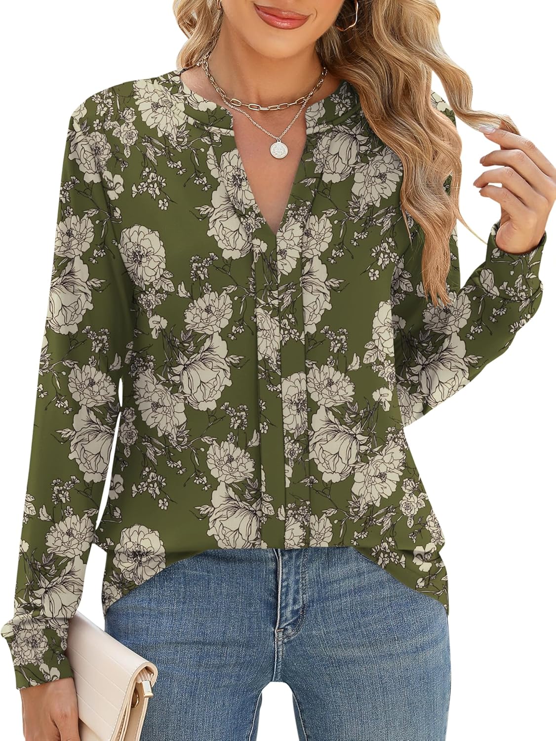 Micoson Womens Tops Dressy Casual Long Sleeve Business Shirts V Neck Pleated Wor...