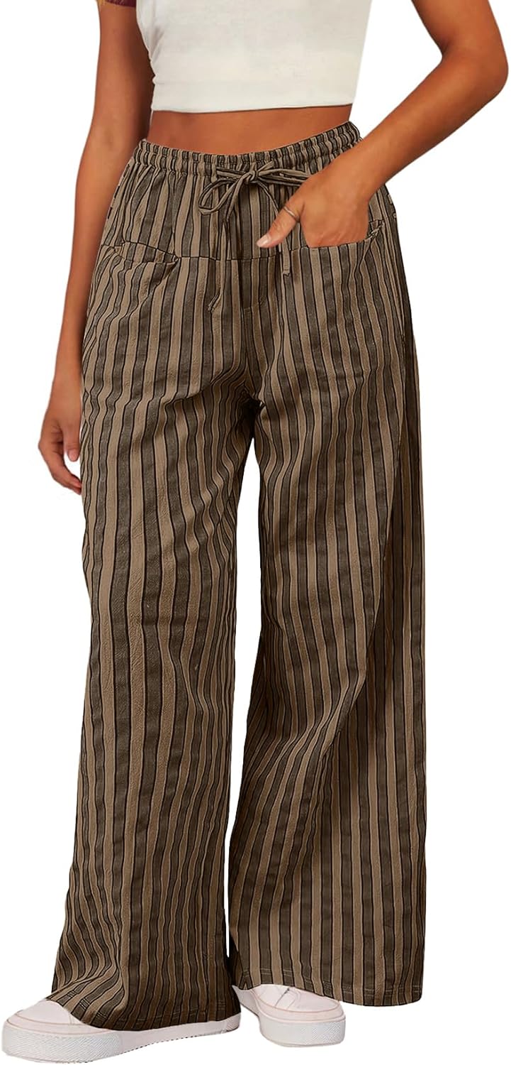 Acelitt Women Casual Drawstring Elastic Waist Loose Wide Leg Striped Pants with...