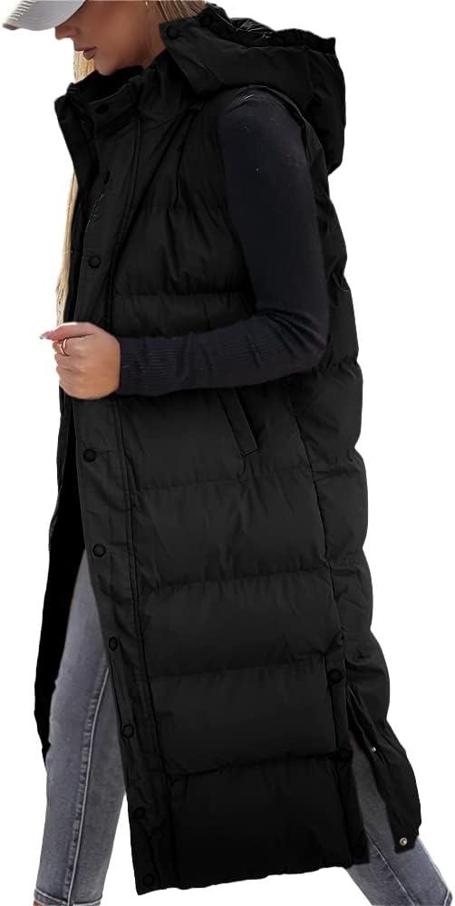 Grlasen Women's long Quilted Vest hooded sleeveless Button Down puff vest cotton...