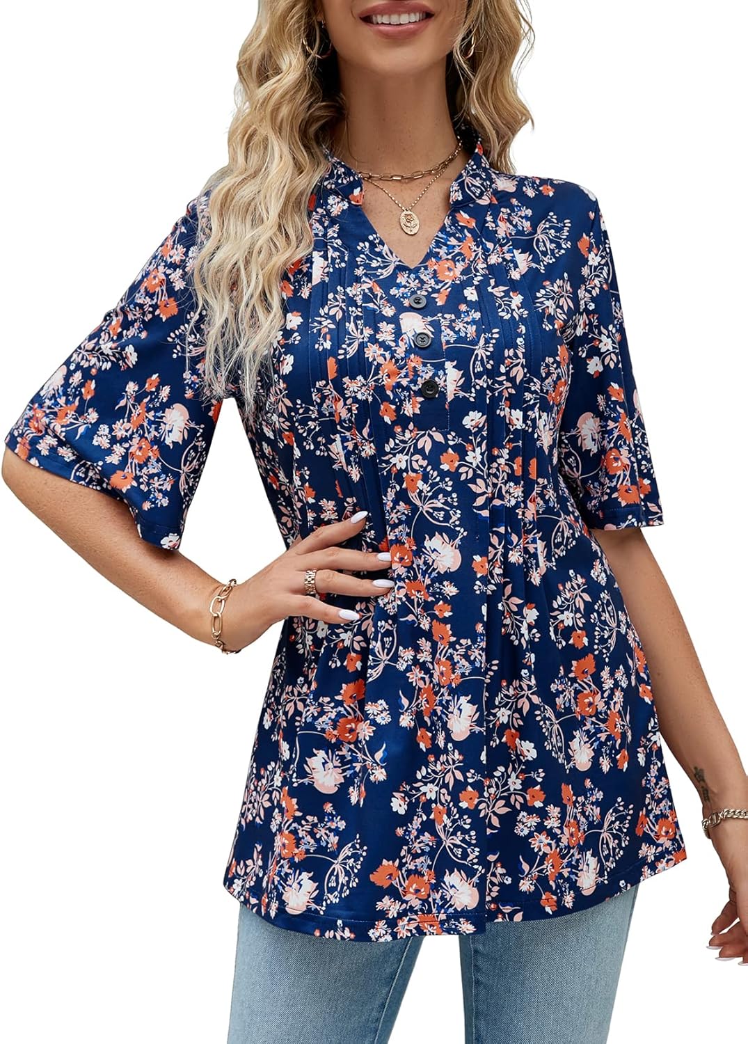 HOCOSIT Women's Floral Blouse, Special Women's Floral Print Shirt with Short Ruf...
