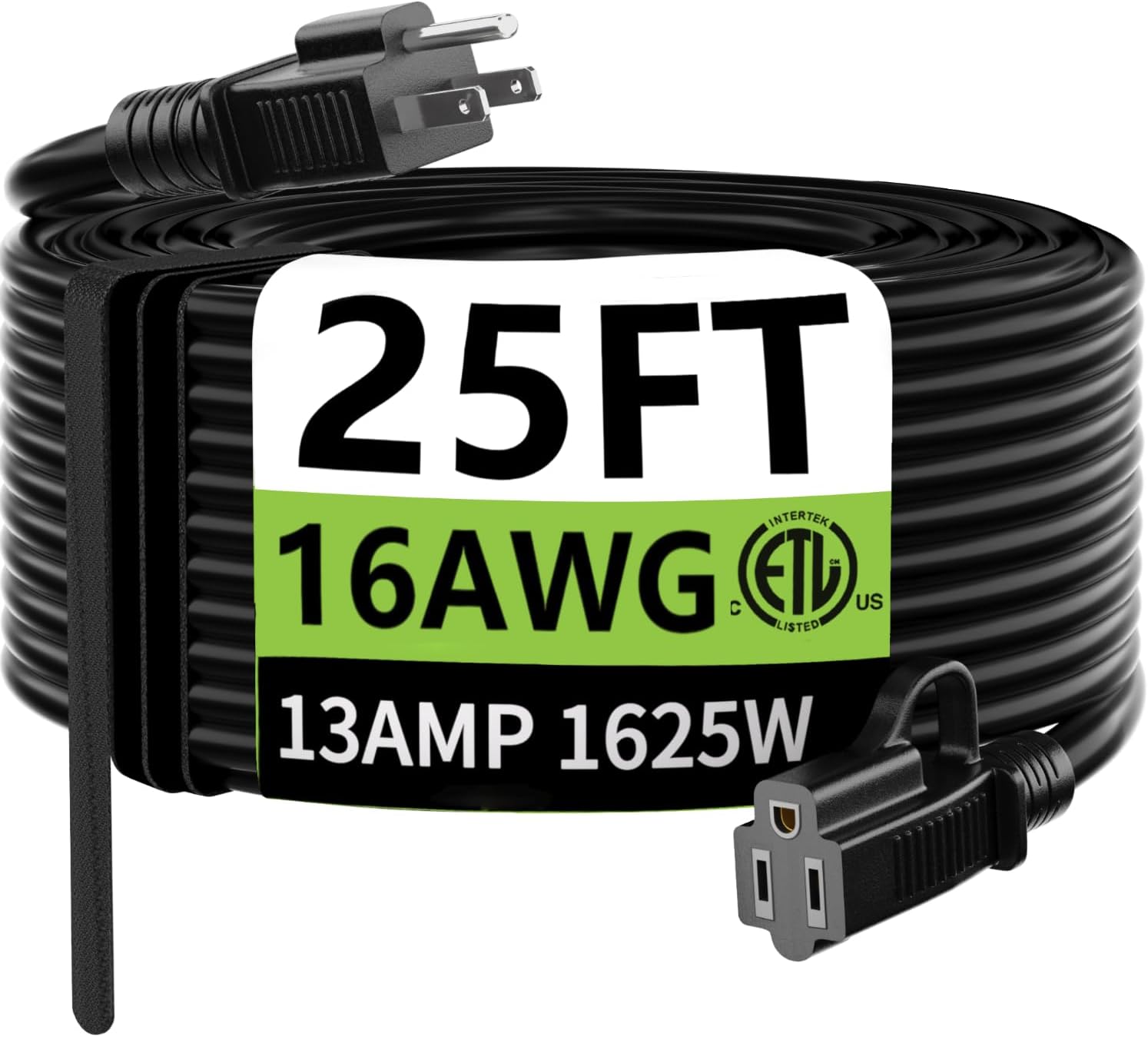 HUANCHAIN Indoor Outdoor Black Extension Cord 25 ft Waterproof, 16/3 Gauge Flexi...