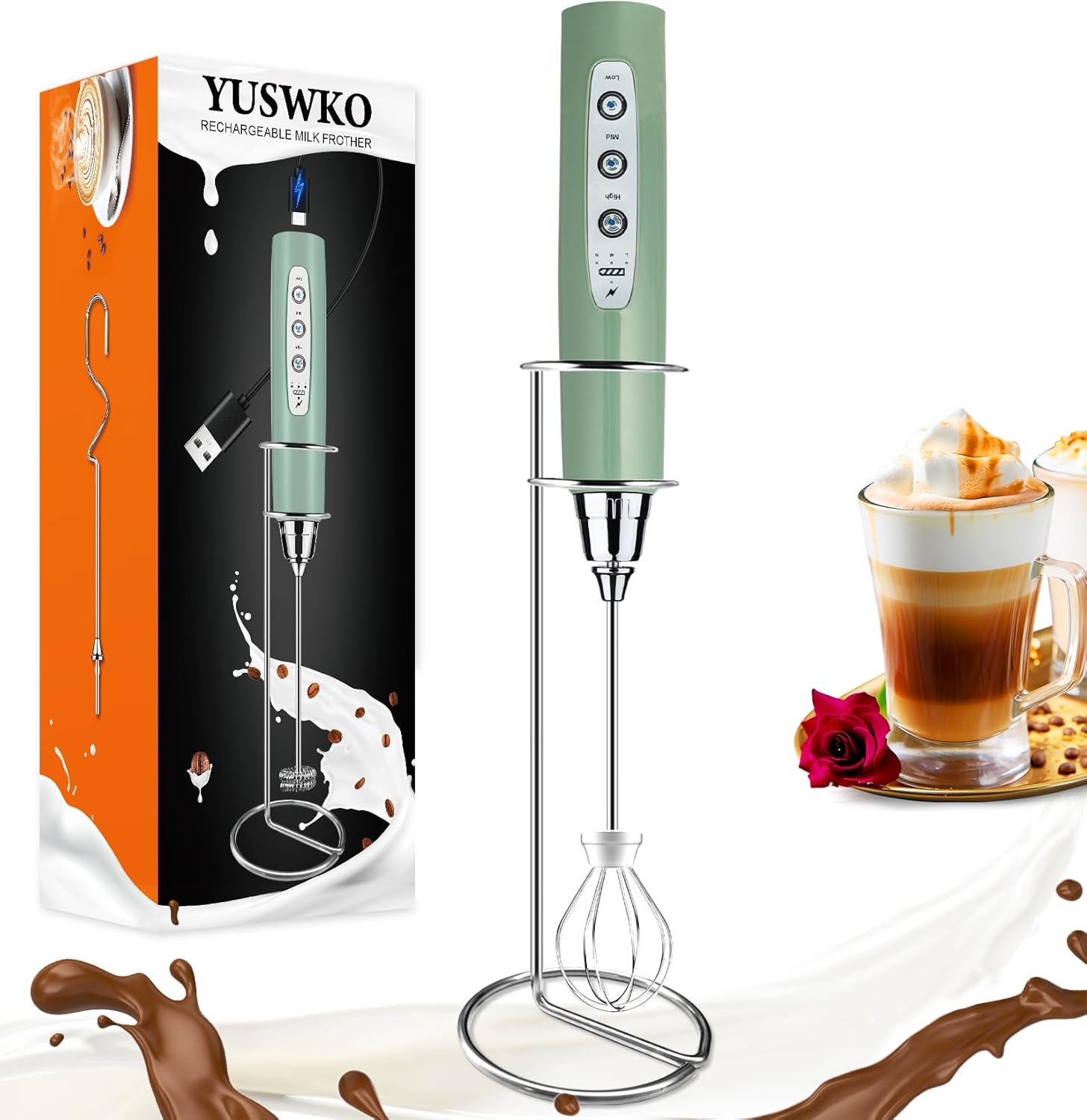 YUSWKO Granite Rechargeable Milk Frother, Special Handheld Drink Mixer with Stan...