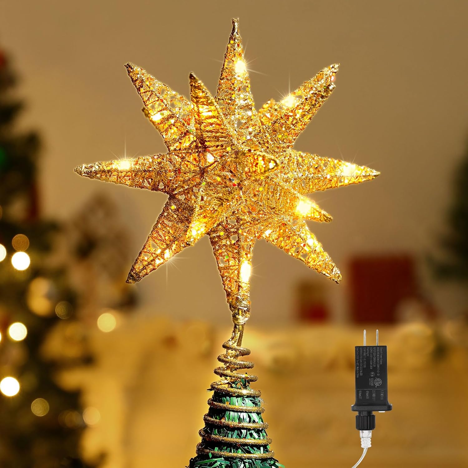 Lewondr Christmas Star Tree Topper, 3D Geometric Star Plugged Decorative Treetop...