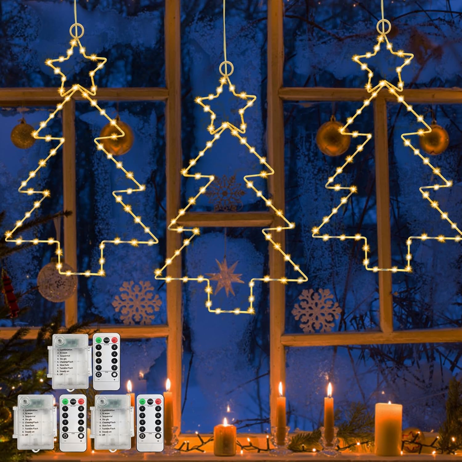 Jsdoin Christmas Window Lights 3 Packs Battery Operated Star Christmas Lights wi...