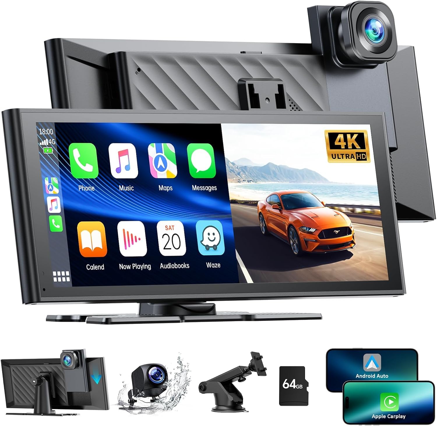 LAMTTO Wireless Carplay &Android Auto with 4K Dash...