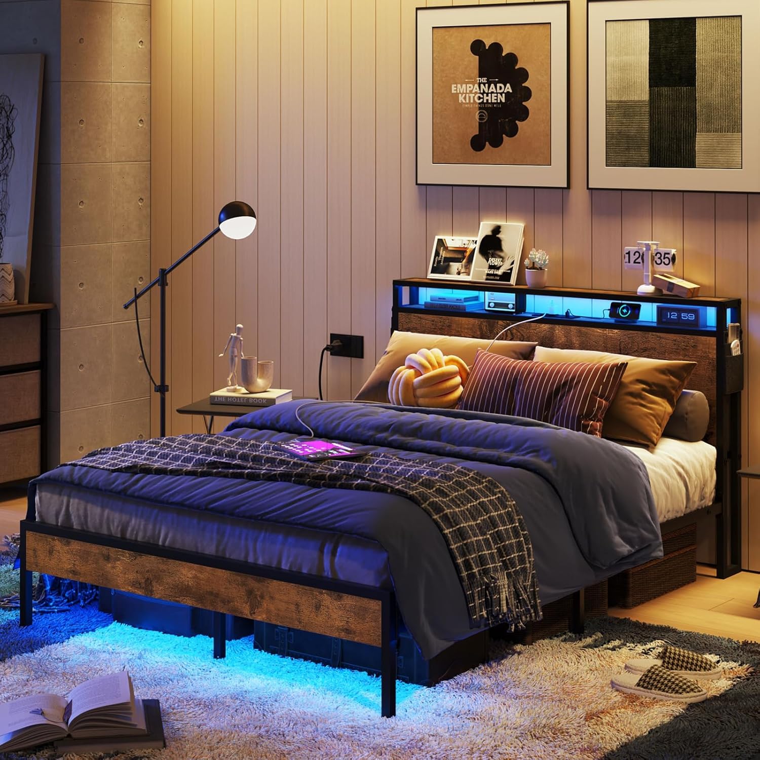 Bestier Queen Size Bed Frame with Headboard and Storage, Dual LED Platform Bed F...