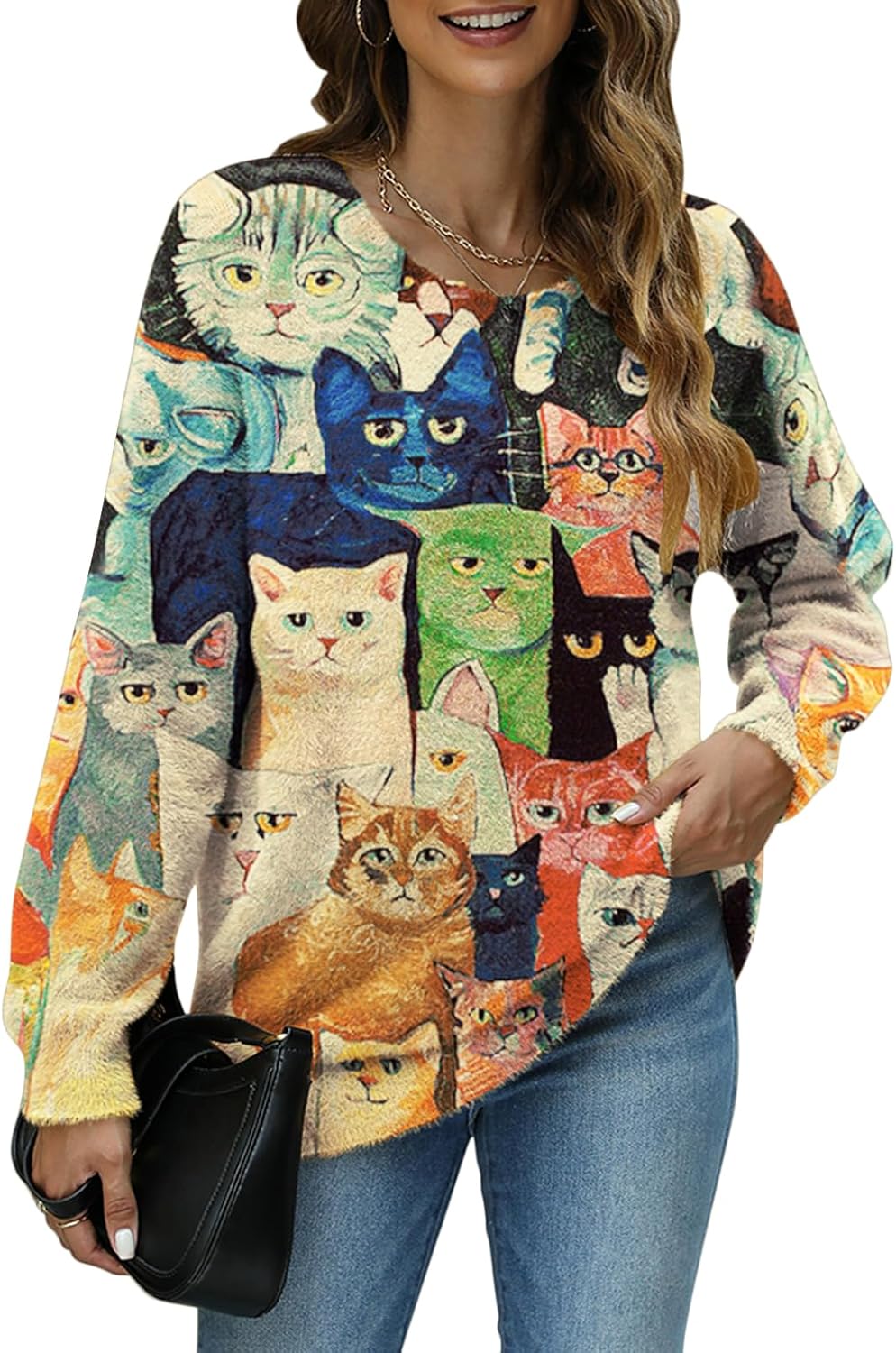 Women Ugly Christmas Sweater Graphic Oversized Long Sleeve Boho Printed Loose Fi...