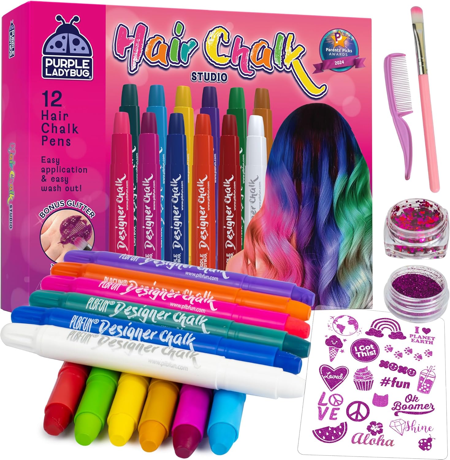PURPLE LADYBUG 12 Colours Hair Chalk for Girls with Glitter Tattoo - Temporary H...