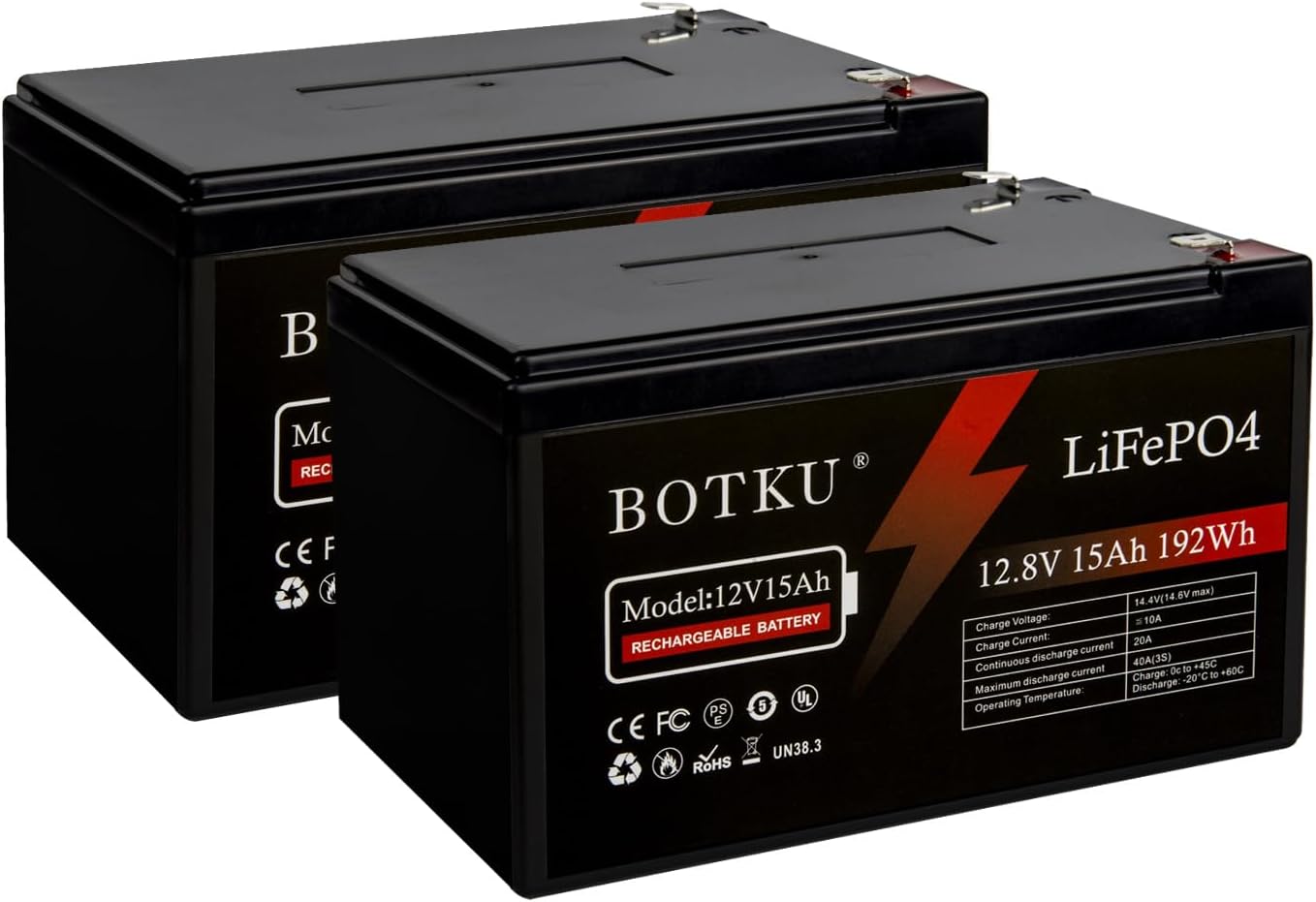 12V 15Ah Lithium LiFePO4 Deep Cycle Battery, High-Quality 2 Pack Rechargeable Li...