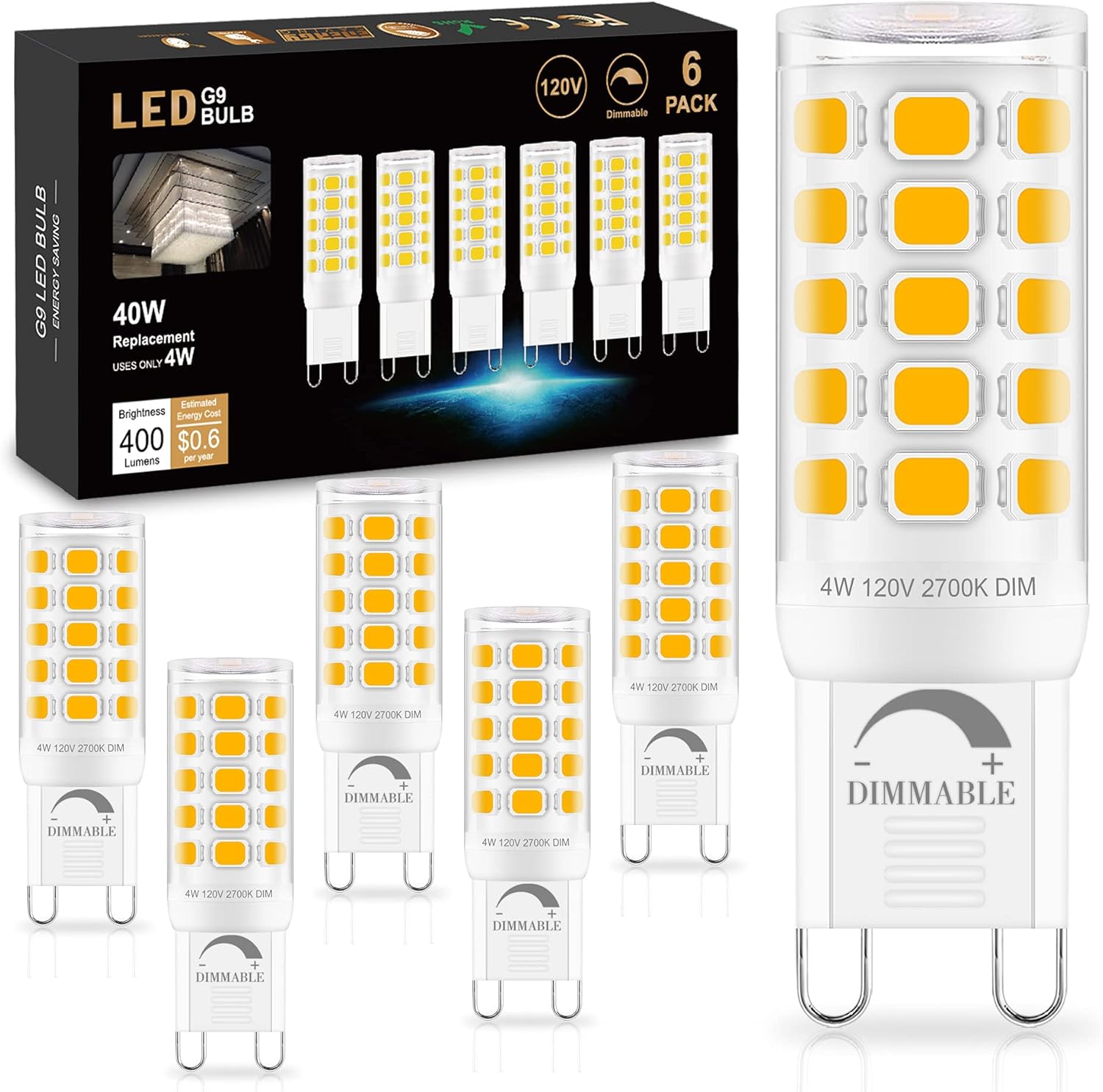 Sailstar G9 LED Bulb Dimmable 2700K Soft Warm White 6 Pack, T4 G9 4W Replacement...