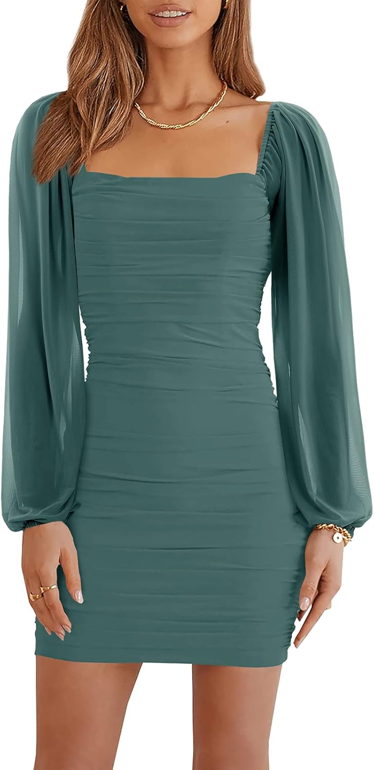 Wenrine Women's Mesh Long Sleeve Square Neck Ruched Party Club Cocktail Bodycon...
