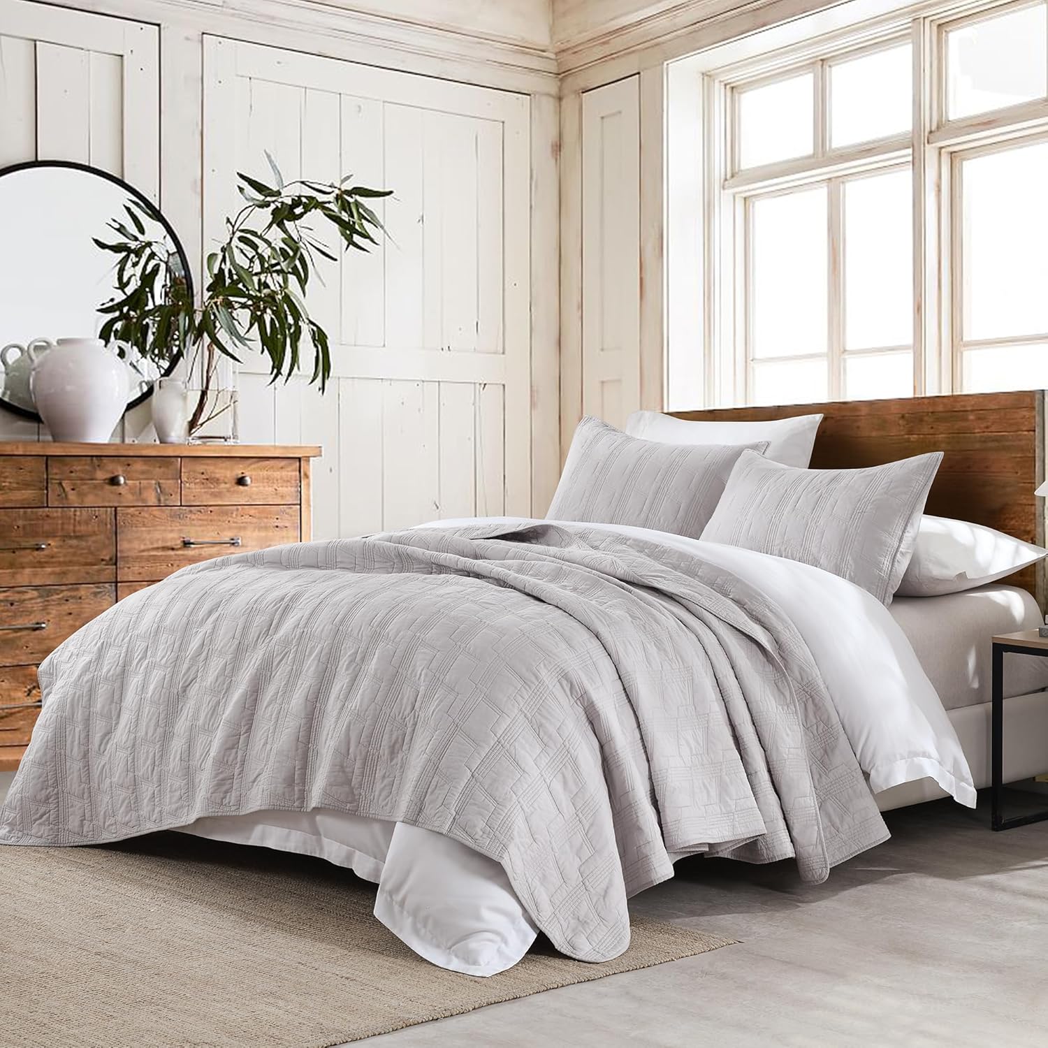 HORIMOTE HOME 100% Cotton Quilt Set King Size, Light Grey Pre-Washed Bedspread C...