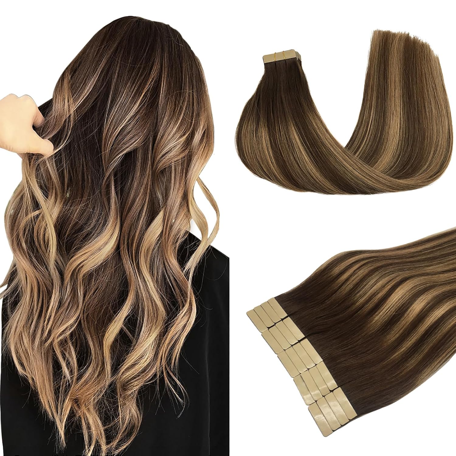 DOORES Human Hair Extensions, Special 20pcs Balayage Chocolate Brown to Caramel...