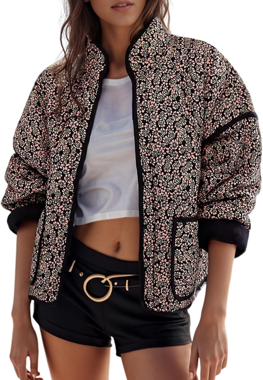 Wyeysyt Women's Cropped Puffer Jacket Lightweight Floral Print Long Sleeve Padde...