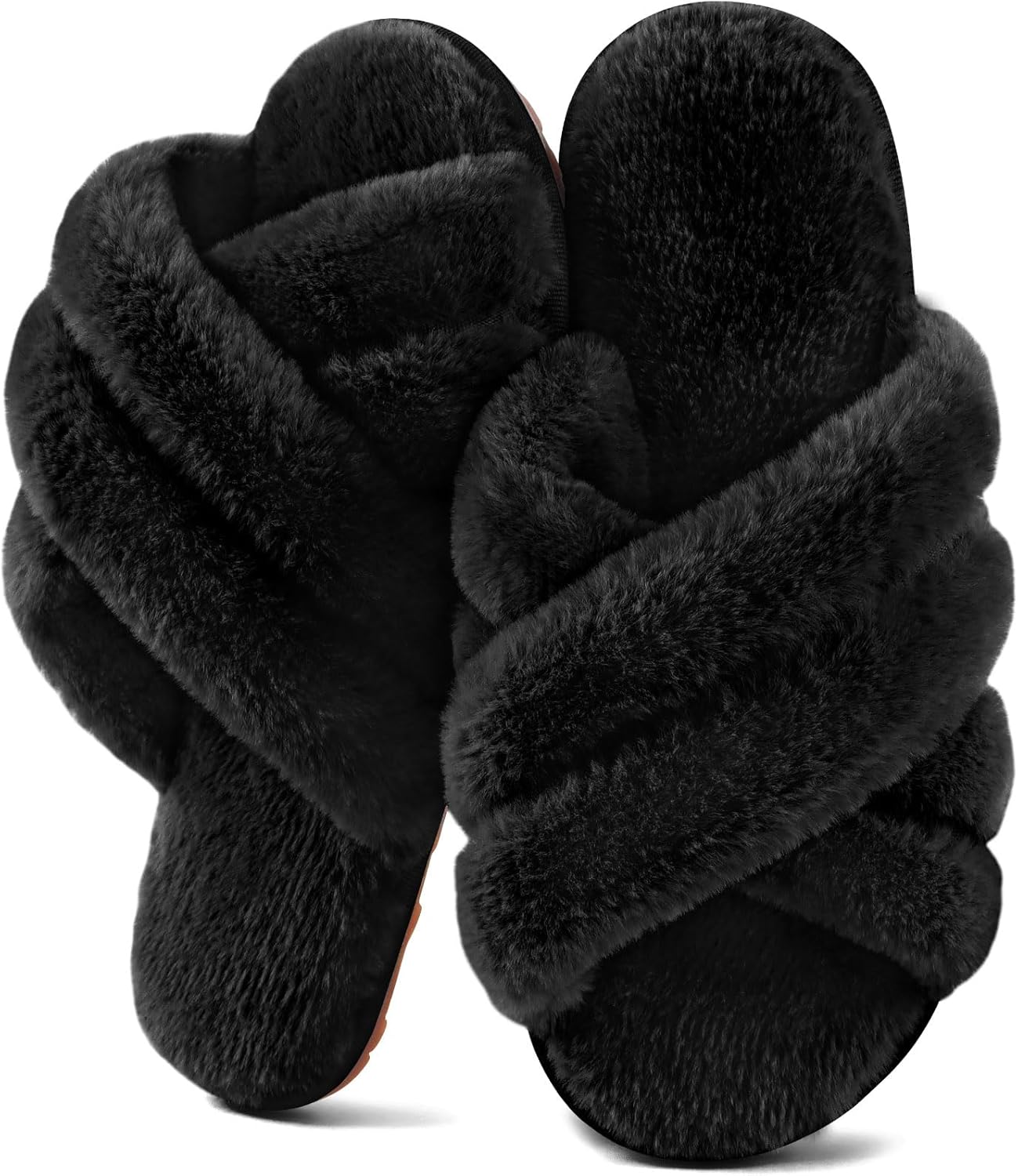 YUTYTH Womens Slippers Fluffy Slippers Open Toe House Sliders Anti-Skid Cross-Ba...