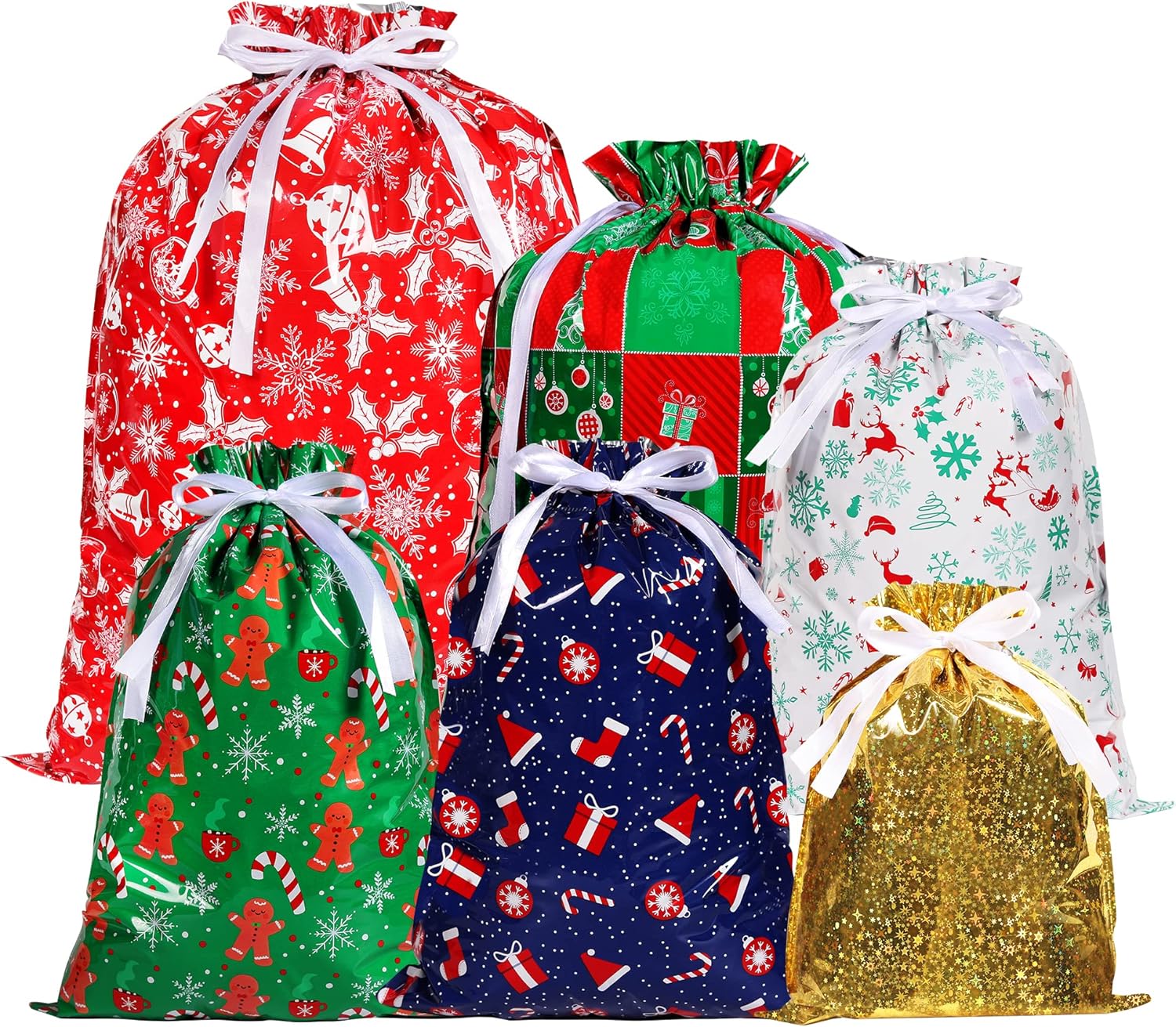 13Pcs Christmas Drawstring Gift Bags, Xmas Wrapping Bags with 6 Patterns Design,...